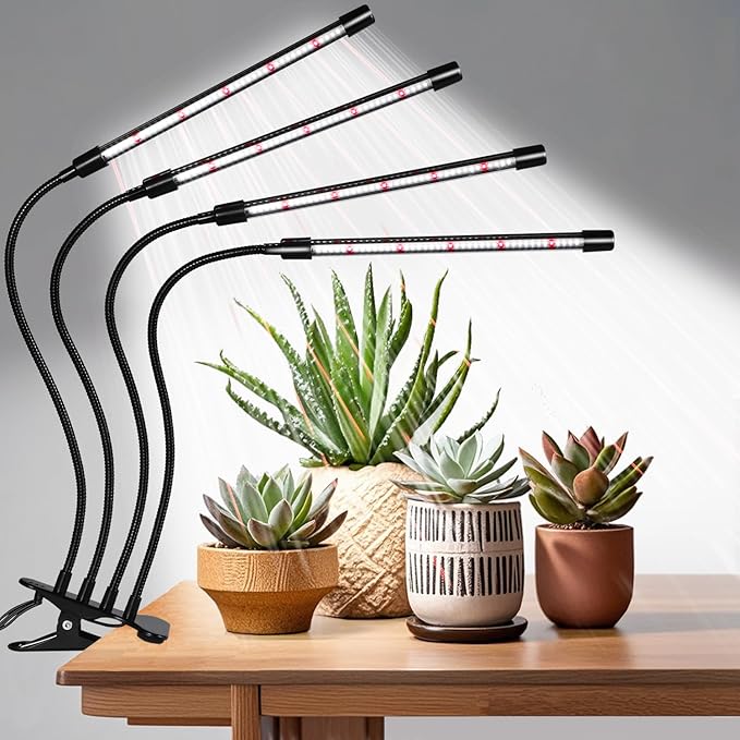 Black Clip Grow Lights for Indoor Plants 168 Full Spectrum LEDs Clip Plant Growing Lamps with Flexible Gooseneck and 4/8/12/18H Timer 3 Spectral Modes 10 Dimmable Levels (4 Head 1 Pack)