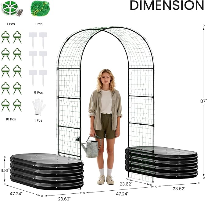 3 in 1 Galvanized Raised Garden Bed with 87 H Arch Trellis for Climbing Plants Outdoor Gardening Planter Box with Climbing Net for Flower Vegetables Fruits Herbs Black