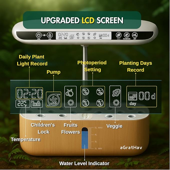Hydroponics Growing System Kit Indoor Herb Garden 14 Pods Upgraded LCD Display LED Grow Light Quiet Smart Water Pump Automatic Timer Hydroponic Planter for Home Kitchen Office (White)