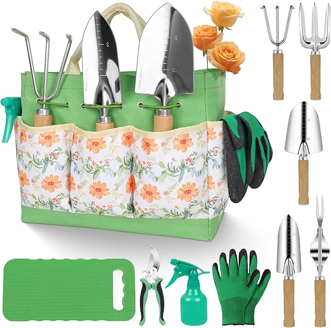 Gardening Tools 10-Piece Heavy Duty Stainless Steel Hand Tools with Durable Garden Tools Storage ToteRust-Proof Garden Tool Set Ideal Gardening Gifts for Women Yellow Floral Pattern Design