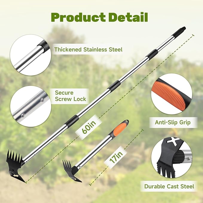 60 Weed Puller Tool with Long Handle and 17 Weeding Tools Gardening Set Dual Side Hand Weed Rake and Hoe Garden Weeder Uprooting Weed Pulling Remover Tool for Yard Patio Lawn and Garden Planting