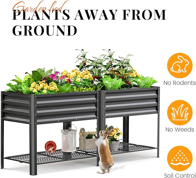 KING BIRD Large Raised Garden Bed with Legs &amp Storage Shelf Galvanized Elevated Planter Box for Backyard Patio Balcony 600lb Capacity Dark Grey 70.9x22.8x31.5 in