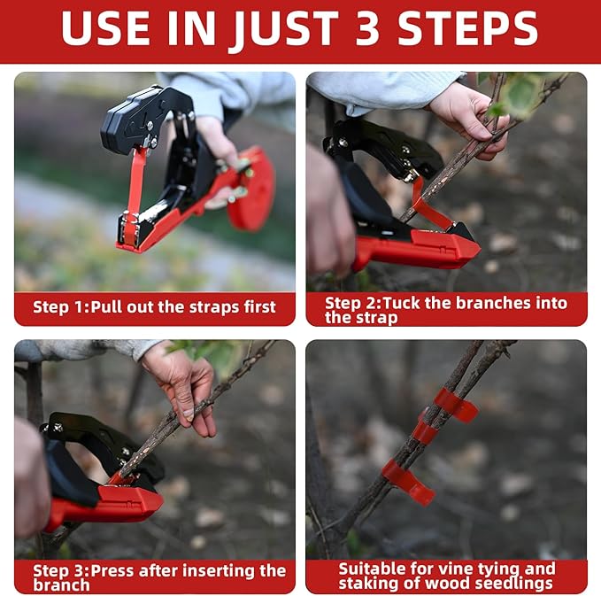 Suca Plant Tying Machine Lightweight Plant Tying Tape Tool to Tie Up Vine Quickly Plant Tie Tapener Gun with Tapes and Staples Red