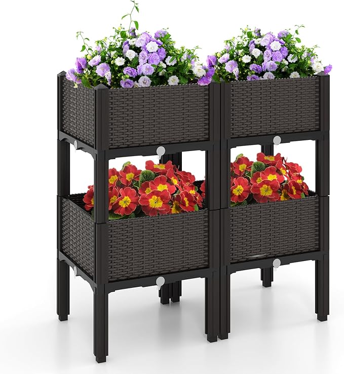 Giantex 4 Pcs Raised Garden Bed Elevated Planter Box Kit W/ 16 Legs 4 Planter Boxes Self-Watering System Drainage Holes Indoor &amp Outdoor Vegetable Fruit Flower Herb Growing Box