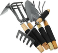5pcs Garden Hand Tools Set with Wood Handle – Includes Large Shovel 3-Prong Cultivator 3-Tooth Rake Double-Head Hoe and 5-Tooth Rake – Portable Gardening Supplies for Lawn