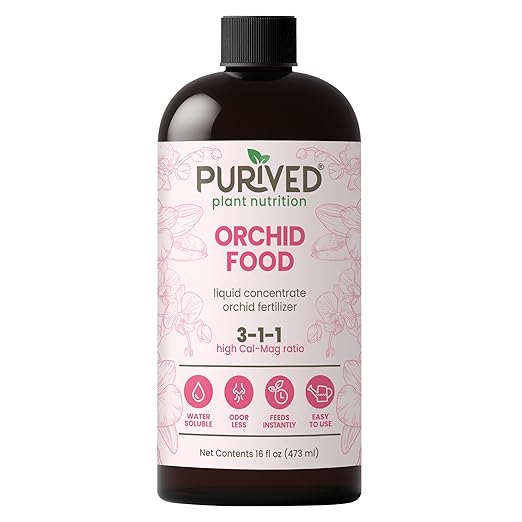Purived 16oz Orchid Liquid Fertilizer - Makes 50 Gallons Boosts Blooms &amp Root Strength Ideal for Phalaenopsis Dendrobium &amp More Supports Vibrant Long-Lasting Flowers Made in USA