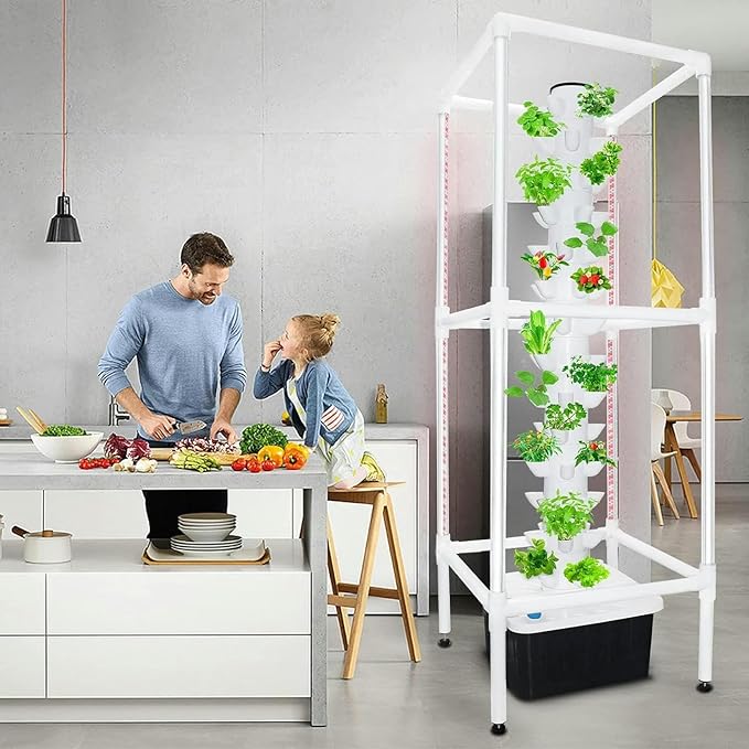 Tower Hydroponics Growing System 8 Sections Led Timed Grow Light40 Pcs Nursery Germination Kit - Herbs Fruits and Vegetables - Hydrating Pump Adapter Seeding Bed &amp Net Pots