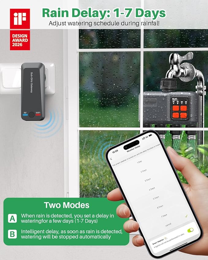 WiFi Sprinkler Timer 4 Zone with 984 Feet RF Gateway 4 Outlet Smart Water Timer for Garden Hose with Rain Delay/Manual/AutomaticWiFi Water Hose Timers for Garden &amp Lawns