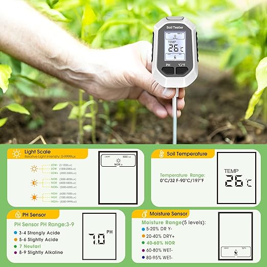 4-in-1 Soil Moisture Meter Digital Plant Temperature/Soil Moisture Test &amp PH Meter/Sunlight Intensity Backlight LCD Display for Gardening Farming and Outdoor Plants