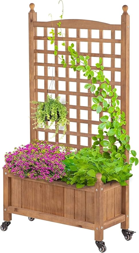 IDZO 50 Inches Height Raised Garden Bed with Trellis Durable Oil Coated Planter with Trellis Vertical Gardens Outdoors with Lockable Wheels and Convenient Non Woven Lining
