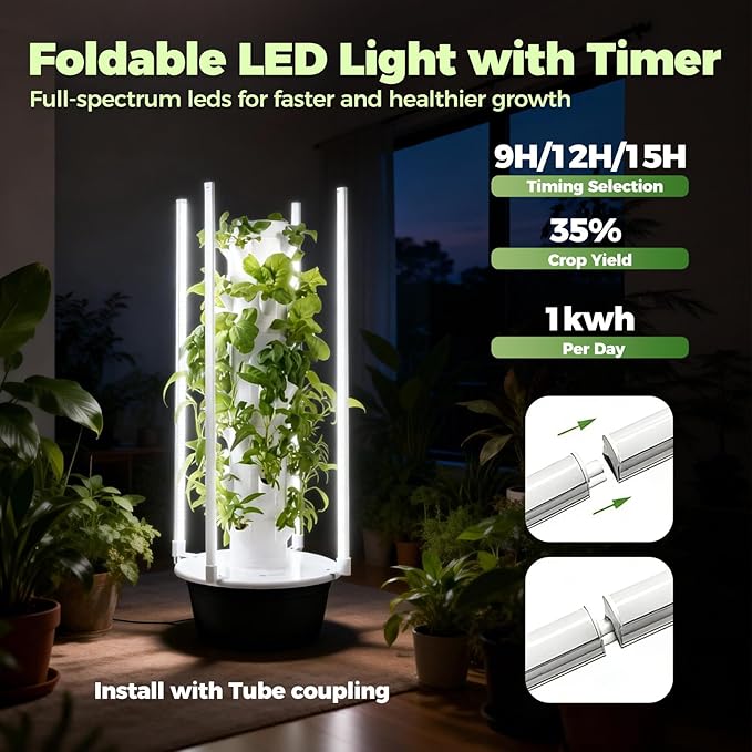 Vertical Hydroponic Tower Garden Growing System 9 Layer 36 Pods Smart Timing 30L Water Hydroponic Growing Kit Save Water &amp Electricity for HerbsVegetables Black-IndoorWithLEDLight
