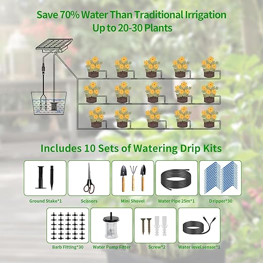 82FT Solar Drip Irrigation System Auto Watering Kit for 30 Pots Solar-Powered Plant Watering 25 Timer Modes 900ml/min Flow Indoor/Outdoor Garden Balcony &amp Patio Irrigation System