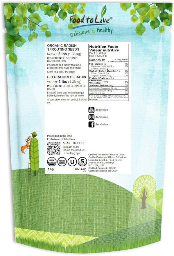 Food to Live - Organic Radish Seeds for Sprouting 3 Pounds Non-GMO Edible Seeds Pure Vegan Kosher Bulk. Spicy Flavor. Rich in Vitamin C. High Germitation Rate.