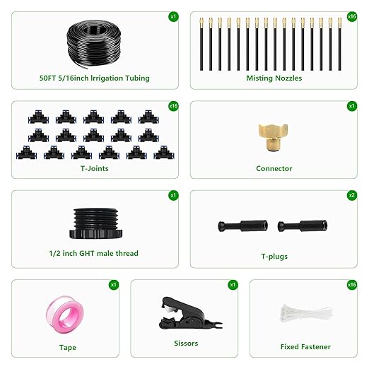 50FT Drip Irrigation System for Garden – Automatic Watering Kit with Solid Brass Metal Connectors 360° Bendable Tubing &amp16 Adjustable Nozzles for Greenhouse Lawn Yard &amp Plants