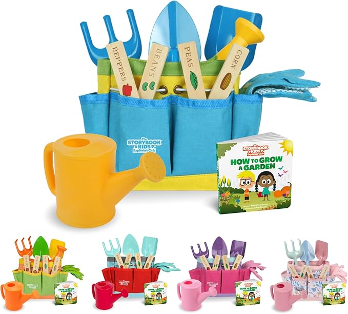Blue Kids Gardening Tools - Includes Sturdy Tote Bag Watering Can Gloves Shovels Rake and Delightful Children's Book - Kids Garden Tool Set -Easter Gifts for Toddler Age on up.