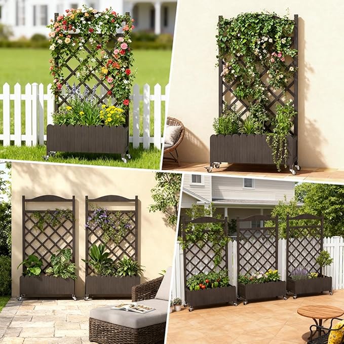 COMHOMA Raised Garden Bed with Trellis and Wheels48Inch Elevated Planter Box with Drainage HolesLattice Privacy Screen for Climbing Plants VegetablesOutdoor for Patio Balcony YardBrown