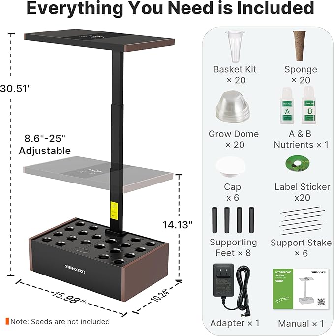 SUNCOZE 20 Pods Hydroponics Growing System Kit Indoor Herb Garden with 30W LED Grow Light 10L Large Water Tank Up to 25 Height Plants Germination Kit with Quiet Pump Black