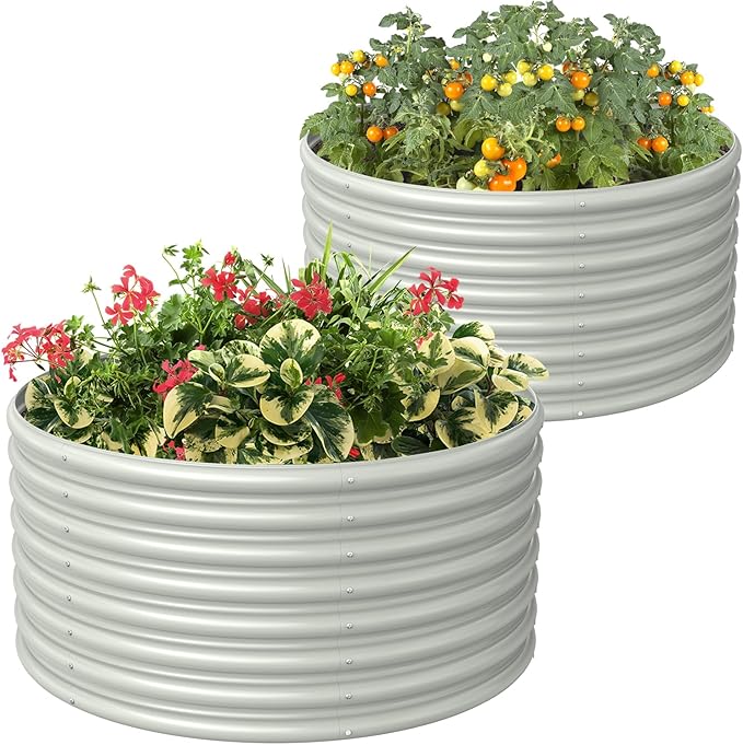 FRIZIONE Raised Garden Bed 2-Pack 3FT(D) x2FT(H) Round Outdoor Planter Box for Flower Herb Vegetable - White