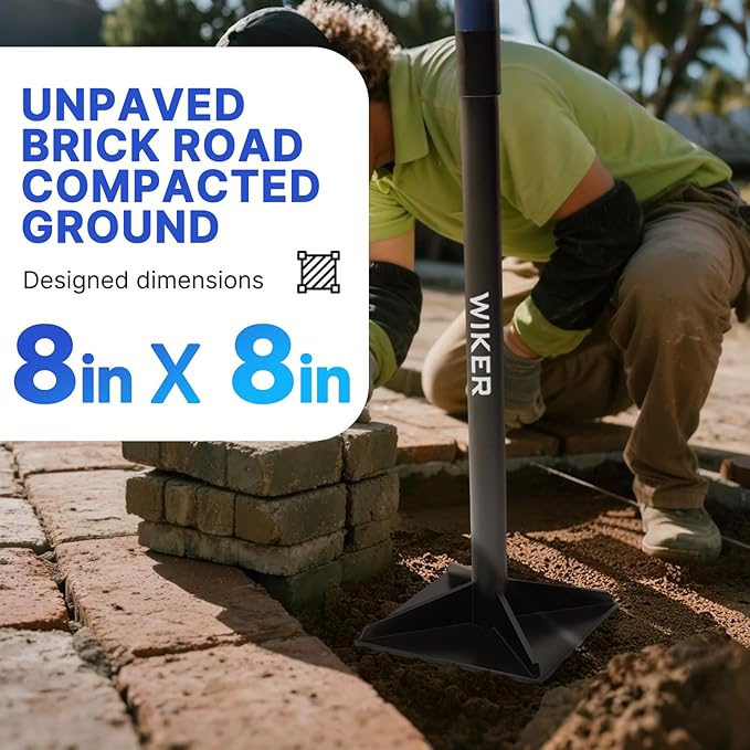 WIKER 8x8 Inch Steel Ground Tamper 48 Heavy Duty Hand Tamper Tool for Soil Compaction Dirt Leveling Landscaping Yard Garden and Paver Projects - No Loose Bolts Design