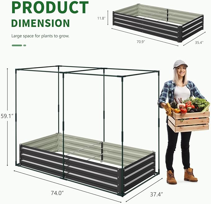 Galvanized Raised Garden Bed with Crop Cage Plant Protection Net Tent Kit for Garden Plant 71x35.4x 59 Plants Protection Tent Cage Metal Planter Box Bottomless Planting Vegetables Outdoor