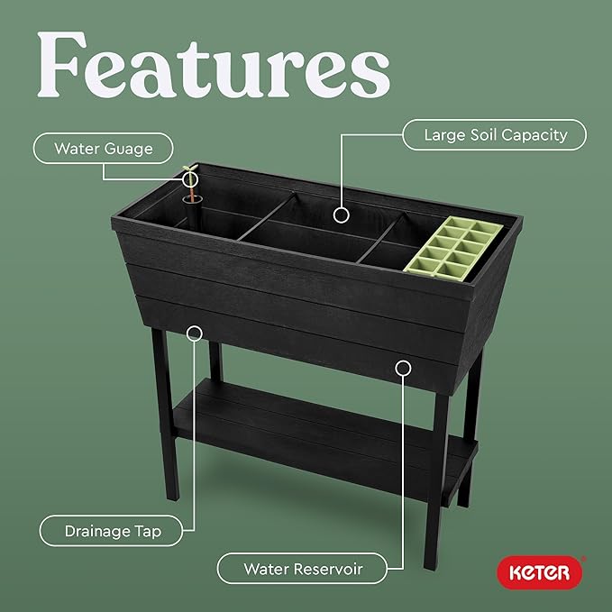 Keter Urban Bloomer 12.7‑Gallon Raised Garden Bed – Elevated Outdoor Planter Box with Self‑Watering Reservoir Water Gauge &amp Drainage System Perfect for Herbs &amp Vegetables Dark Grey