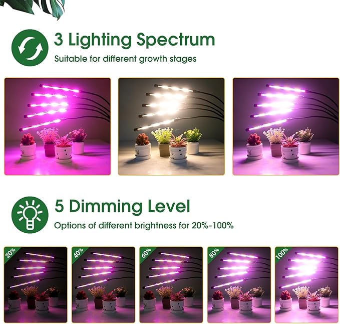 Wolezek Grow Lights for Indoor Plants 2 Pack Full Spectrum Plant Light with Adjustable Stand 5-Head LED Grow Light with Auto 6/12/16H Timer 5 Brightness Levels Ideal for Large &amp Tall Plants
