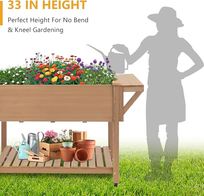 Raised Garden Bed with Legs &amp Wheels 55.5 x 24 x 32 Outdoor Planter Box with Storage Shelf &amp Hooks for Patio Backyard Balcony Gardening Mobile Planter for Vegetables Herbs Flowers (Brown)