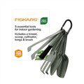 Fiskars 5-Piece Cultivating Tool Set Nesting Trowel Soil Scoop Cultivator Tongs &amp Brush for Indoor Gardening Stainless Steel with Powder Coat Finish Space Saving Design Black