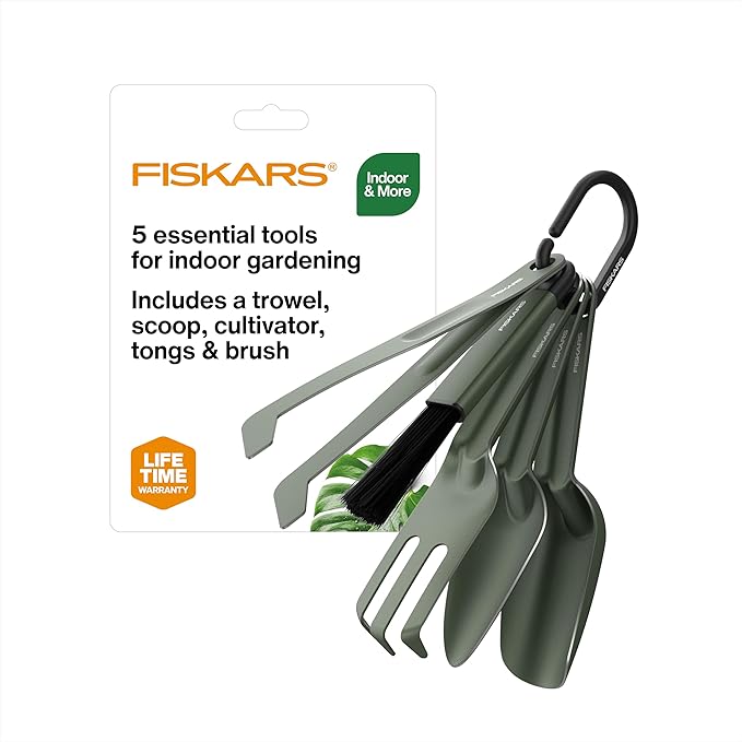 Fiskars 5-Piece Cultivating Tool Set Nesting Trowel Soil Scoop Cultivator Tongs &amp Brush for Indoor Gardening Stainless Steel with Powder Coat Finish Space Saving Design Black