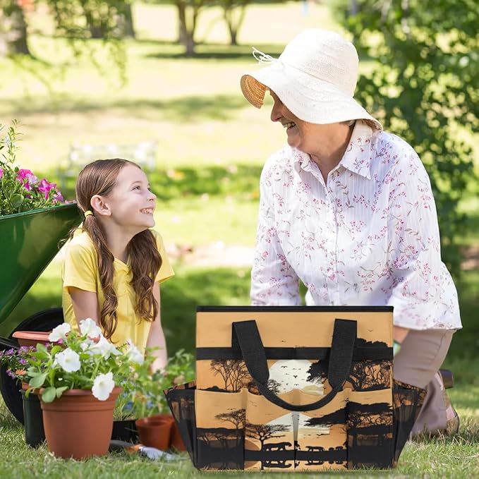 Sunset Elephants Tree Silhouette Garden Tool Bag Waterproof Garden Tool Storage Bag Heavy Duty Oxford Gardening Tool Bag with Handle &amp 10 Pockets for Men Women Outdoor Garden Lawn Yard