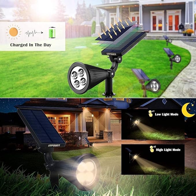URPOWER Solar Lights Outdoor Adjustable Spot Lights Outdoor 2-in-1 Waterproof Landscape Spotlights Wall Light Dusk-to-Dawn Solar Powered Light for Garden Yard (2 Pack Warm)