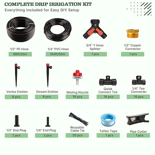A ANLEOLIFE 230FT Drip Irrigation System Kit Complete Garden Watering System with 1/2” &amp 1/4” Quick-Connect Tubing 32 Adjustable Emitters for Raised Beds Lawn Greenhouse Potted Plants