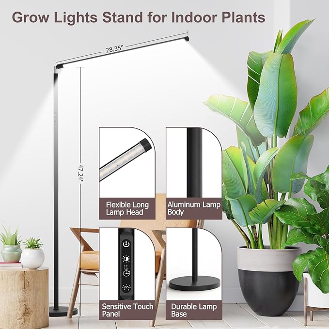 STERREN Plant Floor Lamp for Indoor Plants Full Spectrum LED Grow Light with 4/8/12H Timer Dimmable Black Plant Light with Stand Rotary Tall Grow Lights Head Adjustable 4000K