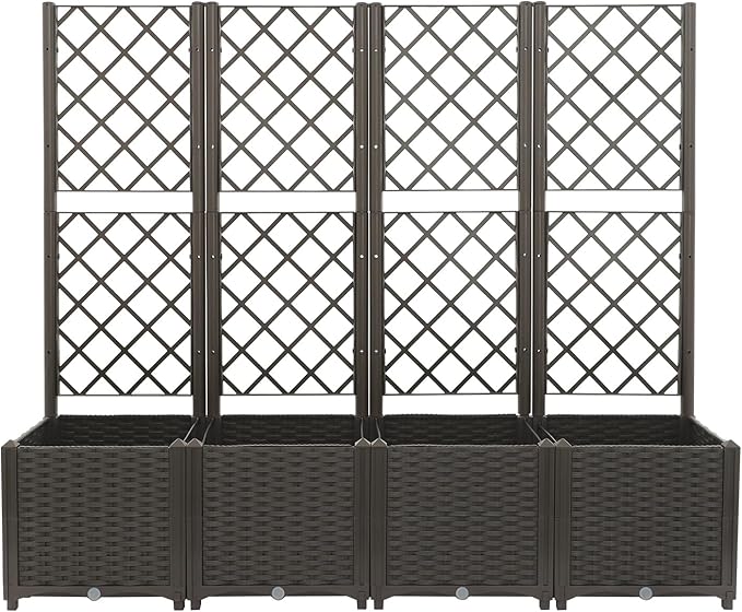 4 PCS Raised Garden Bed Planter Boxes Outdoor Planter with Trellis 63 L x 15.7 W x 56 H Planters for Climbing Plants - Interlocking Design Plant Box for Backyards Terraces Vegetables Flowers