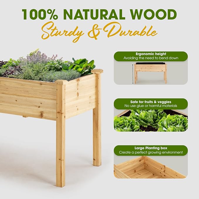 Idzo Raised Garden Bed with Legs Durable Elevated Garden Box with Wax Oil Coated 48x24x30in Wood Planter with Big Planter Box Load Up to 220 Pounds Ergonomic Height for Convenient Plants Care