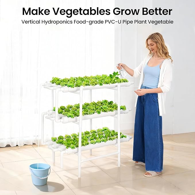 Upgraded Hydroponics Growing System108 Plant Sites 3 Layers 12 Food-Grade PVC-U Pipeshydroponics Growing System Kit Gardening Systems Grow Kits with Water Pump Timer nests Basket and Sponge