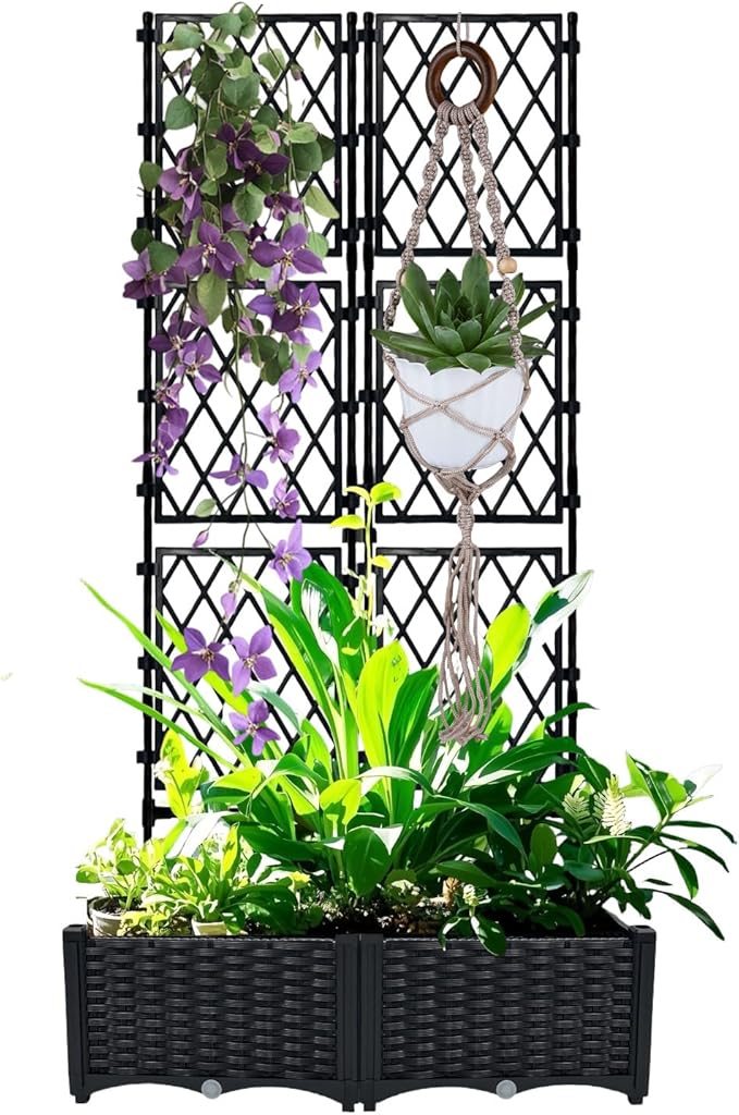 Planter with Trellis - Raised Garden Bed with Trellis 75.5x31.5x16 Privacy Screen Planter Box with Drainage Hole Outdoor Raised Garden Bed for Climbing Plants
