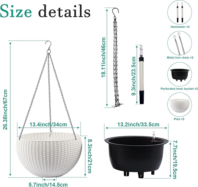 13.4 inch Self Watering Hanging Rattan Planter Large Capacity Root Rot Resistant Water Storage with Water Level Indicator Dual Use for Indoor Balcony Decoration (Pack of 2 White)