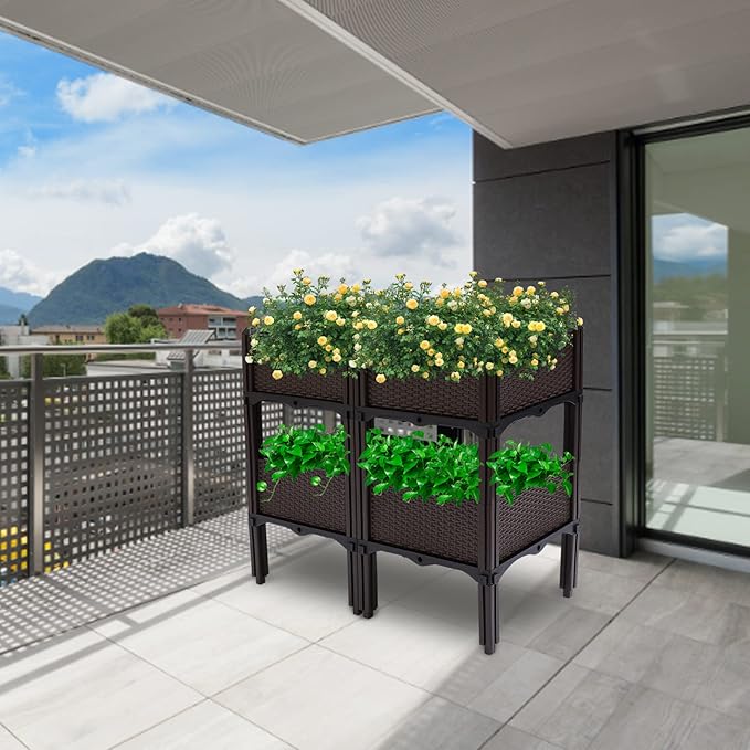 2 Tiers Raised Home Garden Bed 28.9*14.8*25.4in Self-Watering Plastic Planter Square Raised Garden Bed 4pcs Raised Elevated Garden Beds Planter Box Kit with Rattan Side Panels for Growing Vegetables