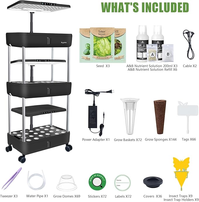 66-Pod Indoor Hydroponic Growing System + 3 Free Seeds Starter Kit (Lettuce Salad Mixed Basil Seeds) – Dual 53W Full-Spectrum LED 10-L Water Tank 3-Tier Grow Pods (66 Pods)