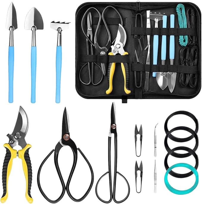 15Pcs Garden Tools Set Succulent Gardening Trimming Kits High Steel Bonsai Tools Set Includes Gardening Bag Hand Rake Shovels Scissors Pruning Shears Wire Gardening Gifts