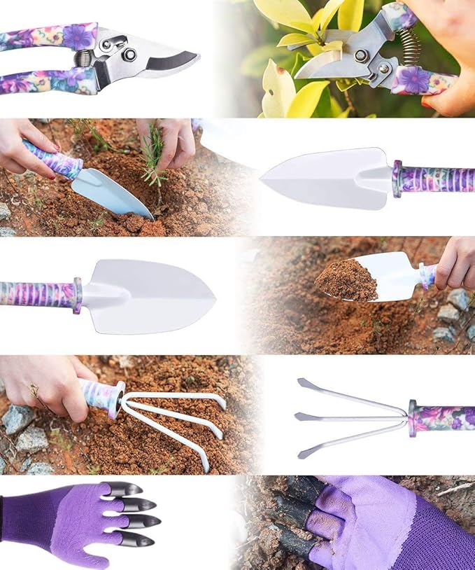 Garden Tool Set 11 Pcs Gardening Tools Purple Floral Print. Best Gift for Women: Handle Trowel Rake Pruning Shear Sprayer Shovel and Gloves That Includes a Pruning Shears Carrying Case