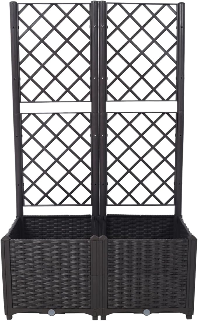 Dawn Poly Rattan Brown Trellis Raised Bed with Drainage Plug - 2 Removable Pots with Large Flower Boxes - Built-in Support for Climbing Plants - Outdoor Patio Garden Decoration