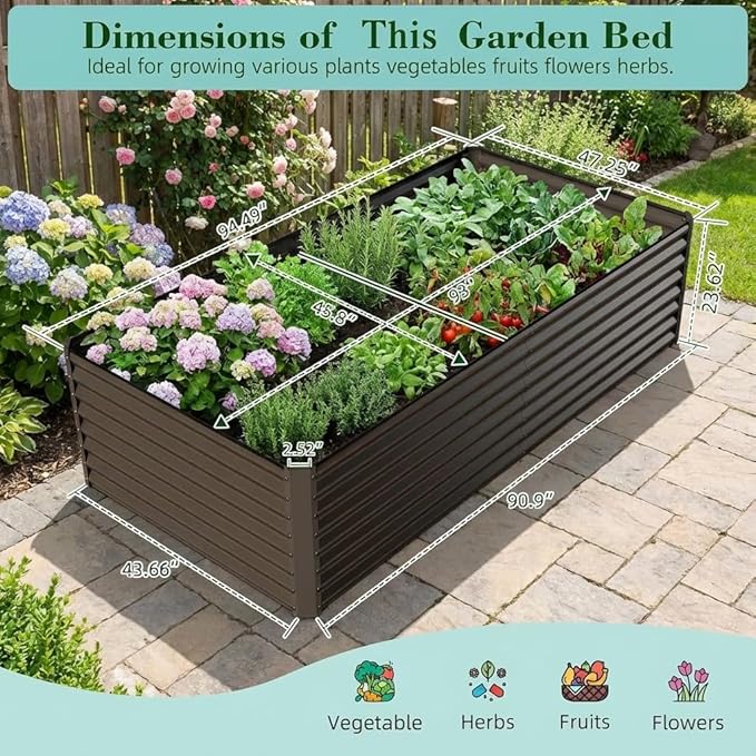 8x4x2 ft Galvanized Raised Garden Bed Large Metal Planter Box for Vegetables Fruits Flowers Herbs Brown Outdoor Gardening