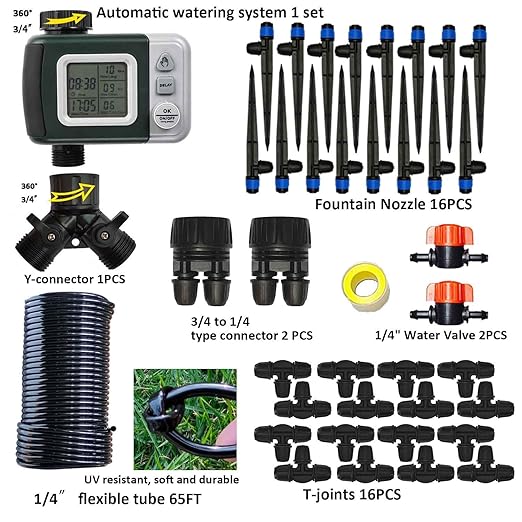 64FT Drip Irrigation Kit with Garden Timer Plant Watering System with Tubing Gushing Nozzles and Water Timer Quick Connector Kits Easy to Assemble