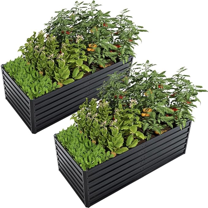 2-Pack 6x3x2ft Metal Raised Garden Bed Galvanized Steel Planter Box Kit with 4 Reinforcement Bars Deep Root Outdoor Planting Beds for Vegetables Flowers Herbs – Black