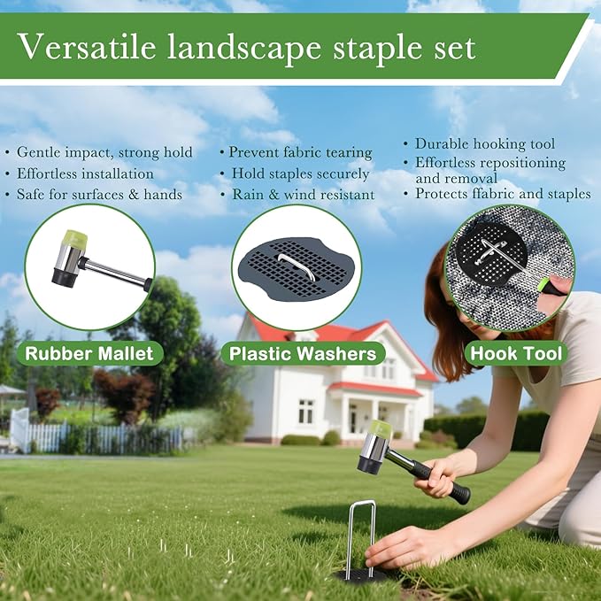 6 Inch Landscape Staples Set 11 Gauge Galvanized U-Shaped Garden Stakes (100 Pack) with Gaskets Hook Tool &amp Rubber Mallet for Weed Fabric &amp Landscaping