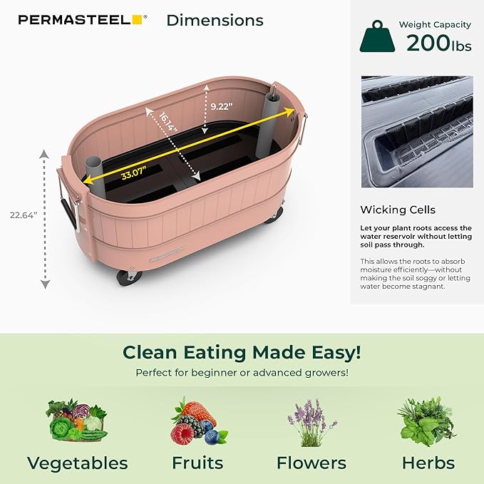 Permasteel Self-Watering Garden Bed Rolling Planter for Vegetables Flowers Herbs and Fruit Outdoor Indoor Caster Wheels Pink