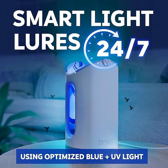 Zevo MAX Bug Catcher &amp Fly Trap for Indoors - Flying Insect Trap for Gnats House &amp Fruit Flies - Use in Any Room - No-Mess Disposal (1 Plug in Base &amp 6 Cartridges)