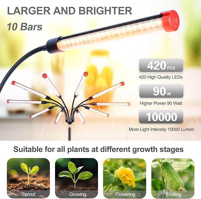 FECiDA Gamechanger! 90 Watt Power Draw NO Need Adapter 10Head Grow Light with Tripod Stand 2026 Big Coverage LED Grow Lights for Indoor Tall Plants Bonsai Tree 4/8/12/16/20H Timer
